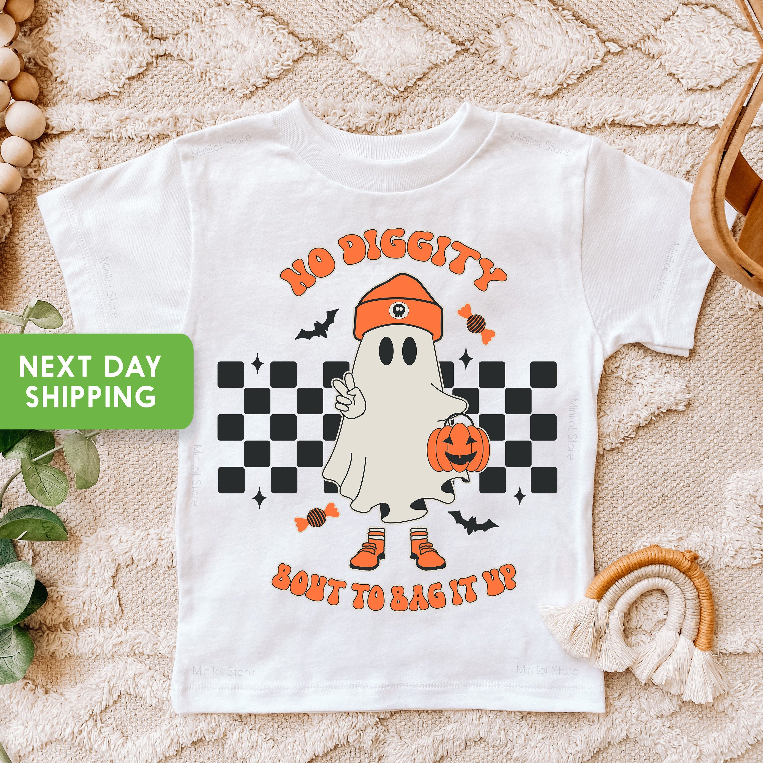 Funny Retro Halloween Kids Shirt, Cute Ghost Toddler Tee, No Diggity Bout to Bag it Up Toddler Shirt