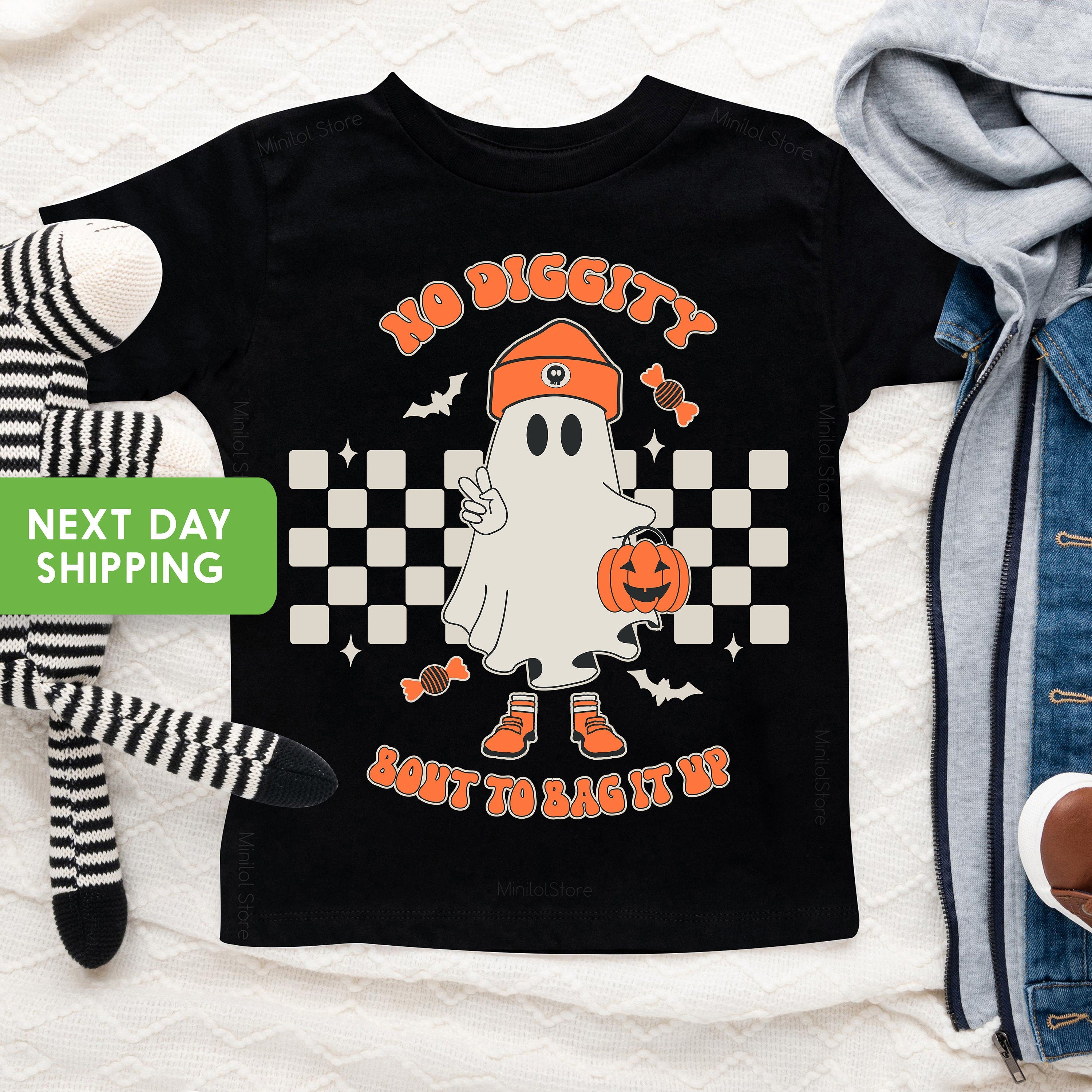 Funny Retro Halloween Kids Shirt, Cute Ghost Toddler Tee, No Diggity Bout to Bag it Up Toddler Shirt