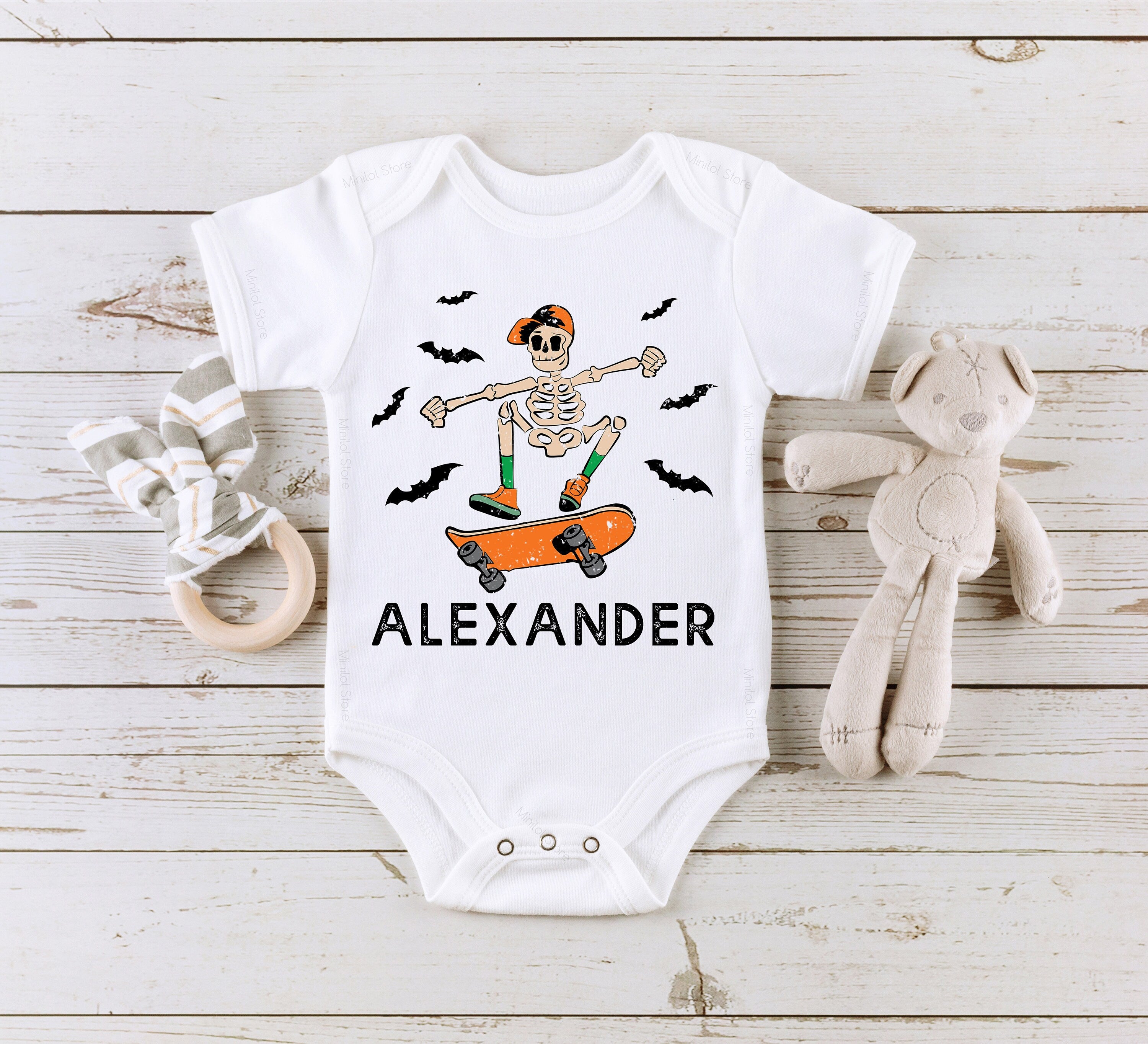 Halloween Boys Kids Shirt, Skeleton Toddler Shirt, Custom Name Halloween Shirt for Boys, Retro Halloween Kids Shirt