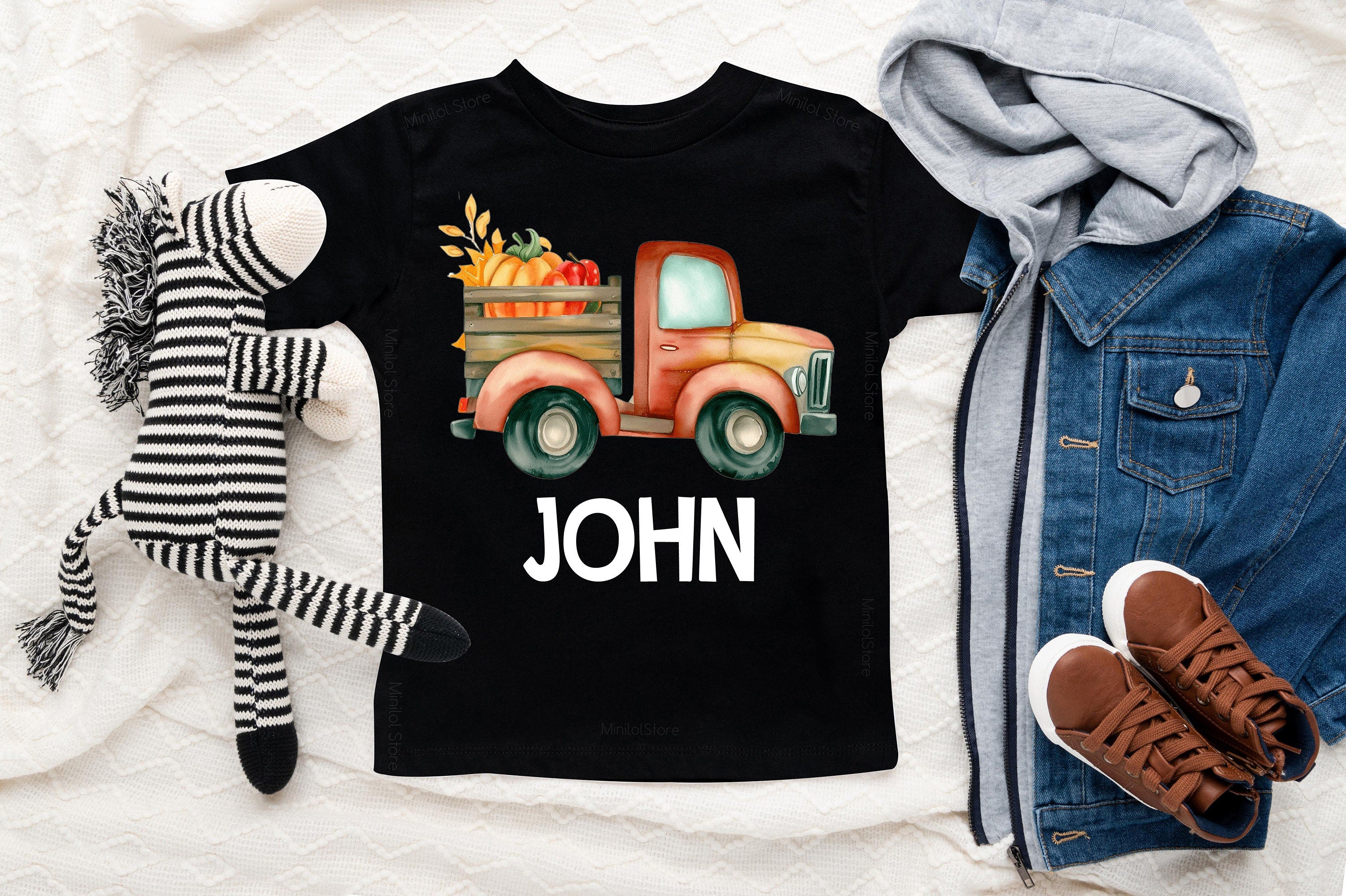 Boys Personalized Pumpkin Truck Shirt, Kids Toddler Boy Personalized Custom Fall Pumpkin Shirt, Fall Vibes Toddler Tee