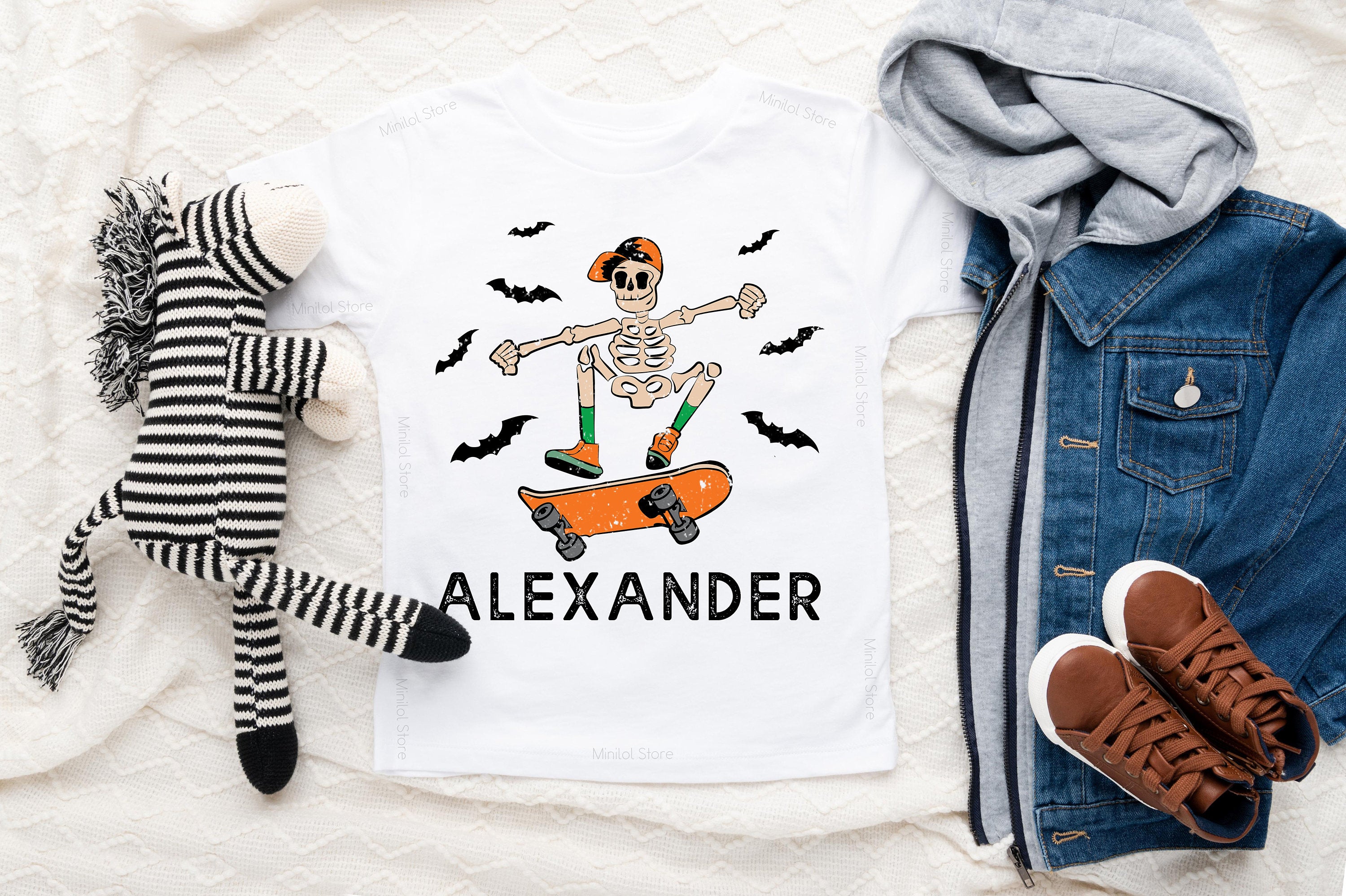 Halloween Boys Kids Shirt, Skeleton Toddler Shirt, Custom Name Halloween Shirt for Boys, Retro Halloween Kids Shirt