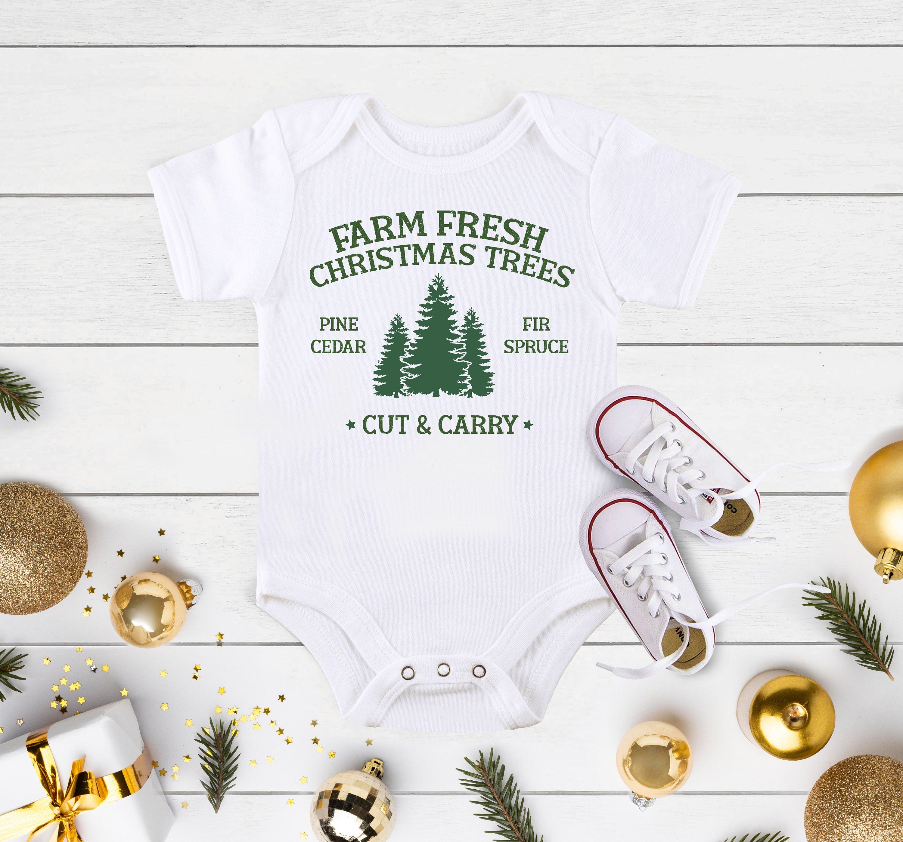 Farm Fresh Christmas Tree Bodysuit, First Christmas Outfit, Cute Christmas Baby Onesie®, Christmas Babyshower, Retro Christmas Toddler Shirt