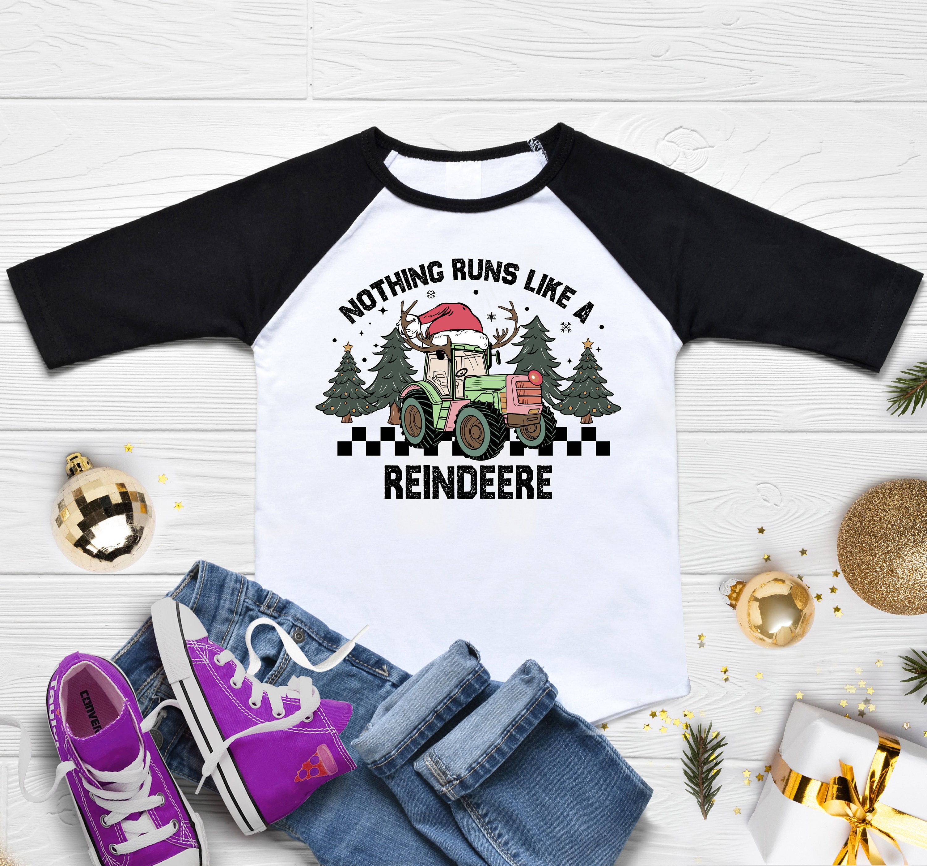 Toddler Christmas Shirt, Nothing Runs Like a Reindeere Green Christmas Raglan, Retro Christmas Tractor Kids Shirt, Baby Christmas Onesie®