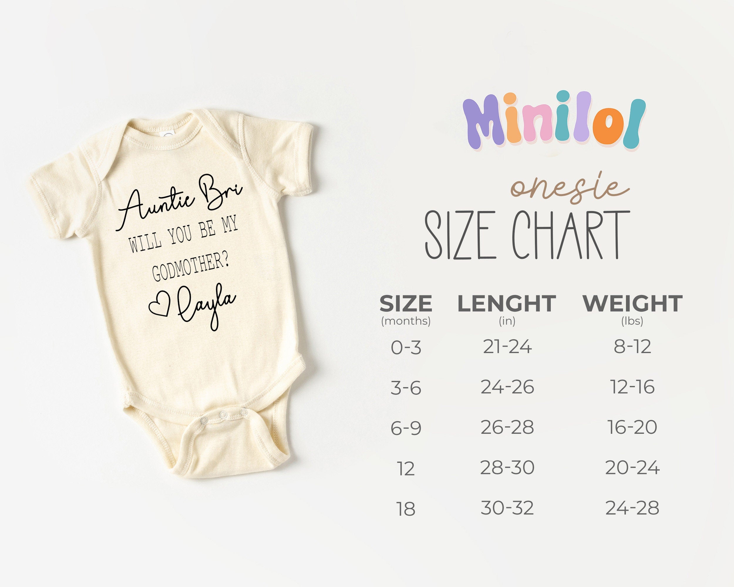 Personalized Natural Will You Be My Godmother typographic design on Baby Natural 6-9 months US kids numeric