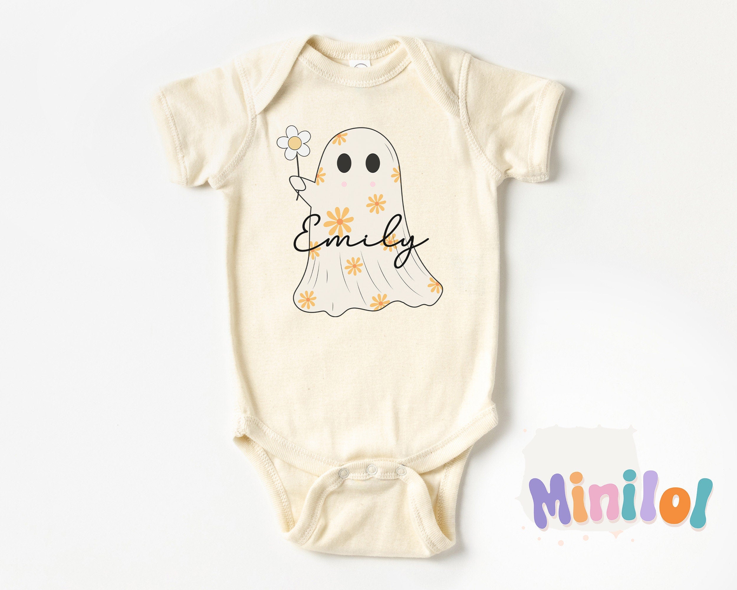 Personalized Halloween Cute Ghost Onesie®, Baby Name Halloween Outfit, Custom Halloween Natural Bodysuits for Girls, Custom Kids Fall Shirts