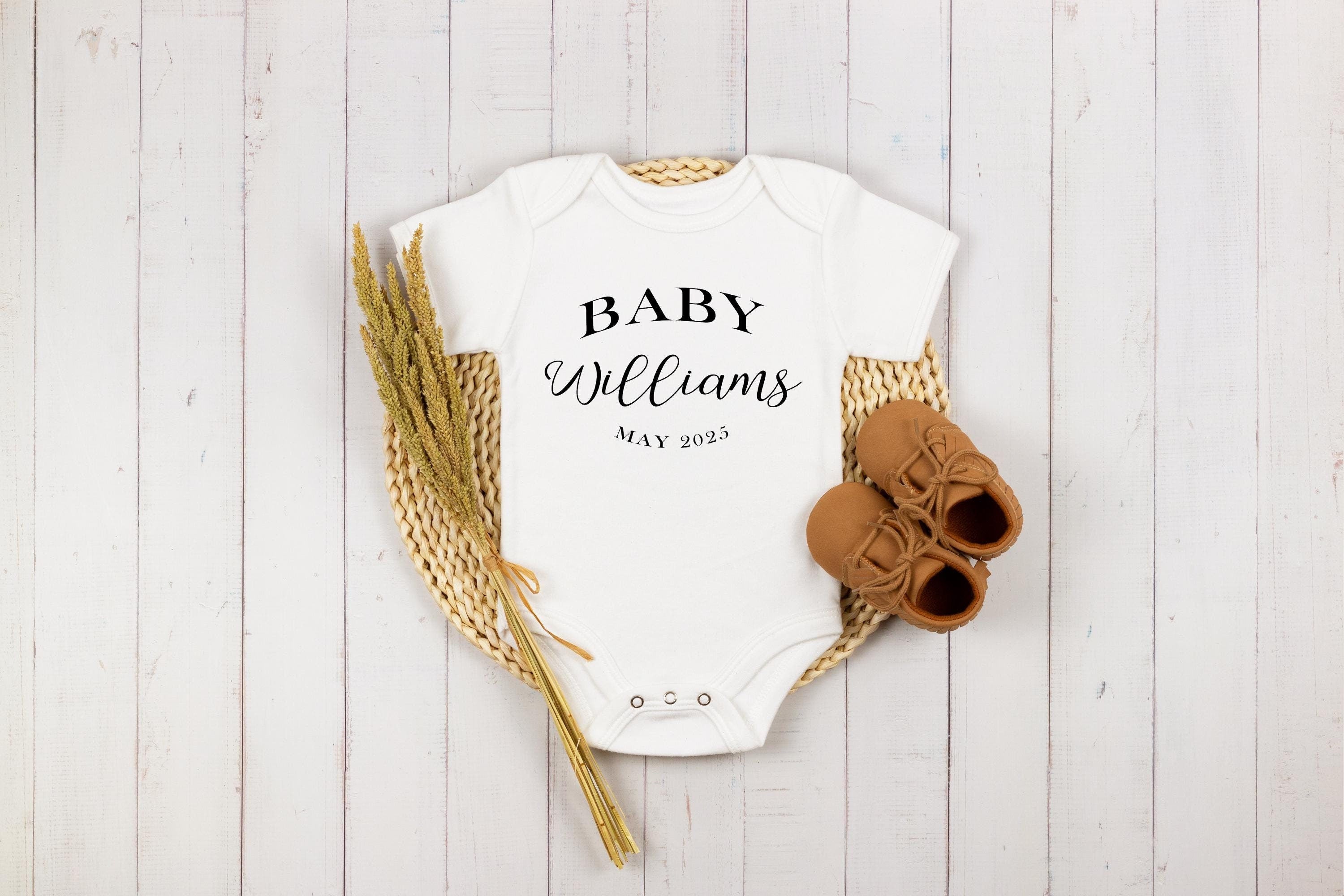 Personalized Pregnancy Announcement Name and Date Baby Onesie®,  Personalized Baby Name Onesie®, Baby Name Onesie®, Coming Soon Baby Onesie®