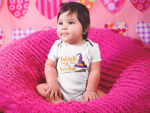 Lifestyle mockup featuring Witch Better Have My Boobie First Halloween Onesie®