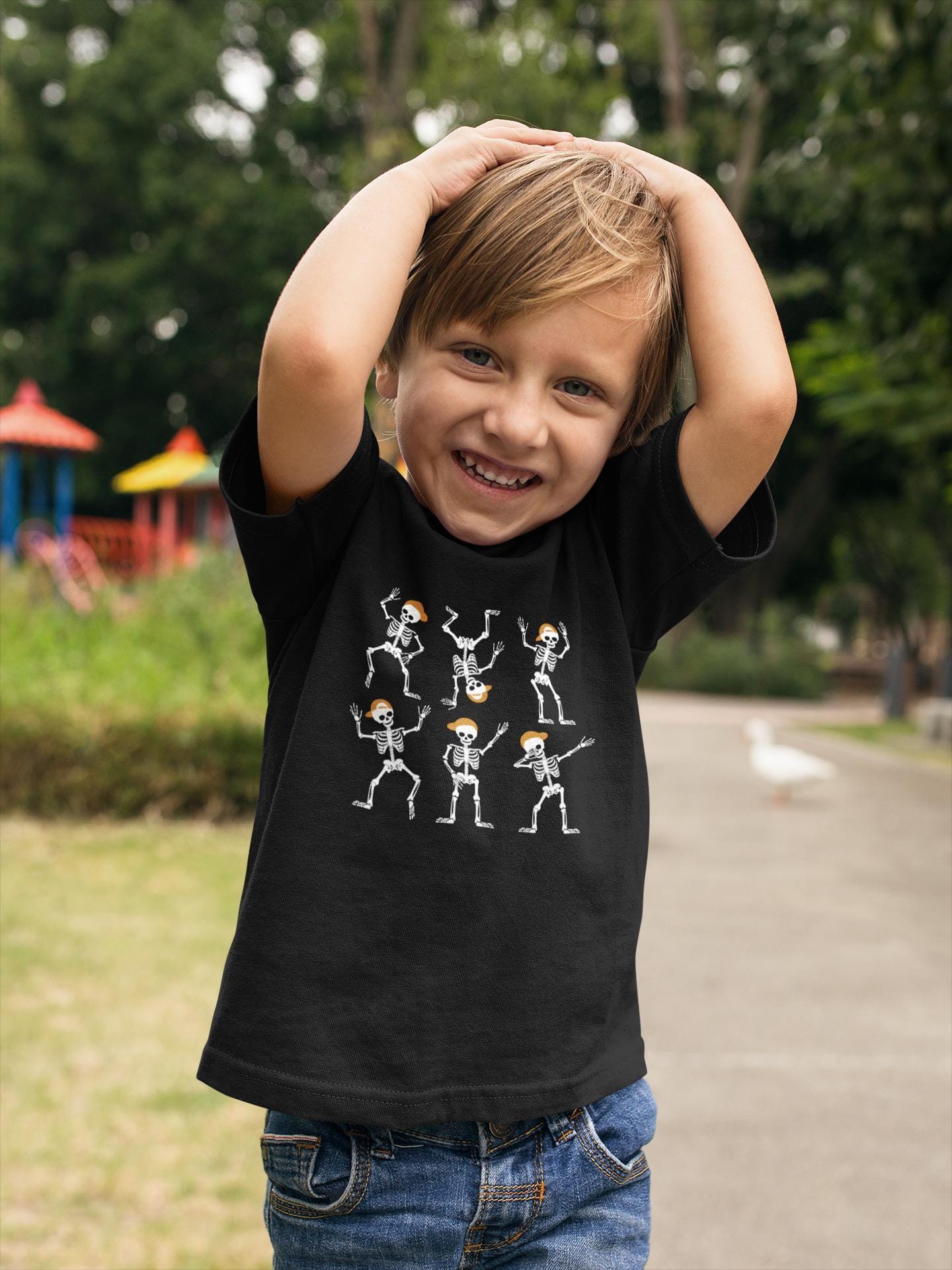Lifestyle mockup featuring Dancing Skeleton Halloween Kids Shirt