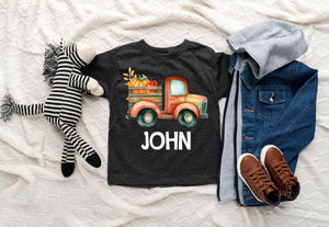 Baby bodysuit and kids shirt style options for Personalized Pumpkin Truck