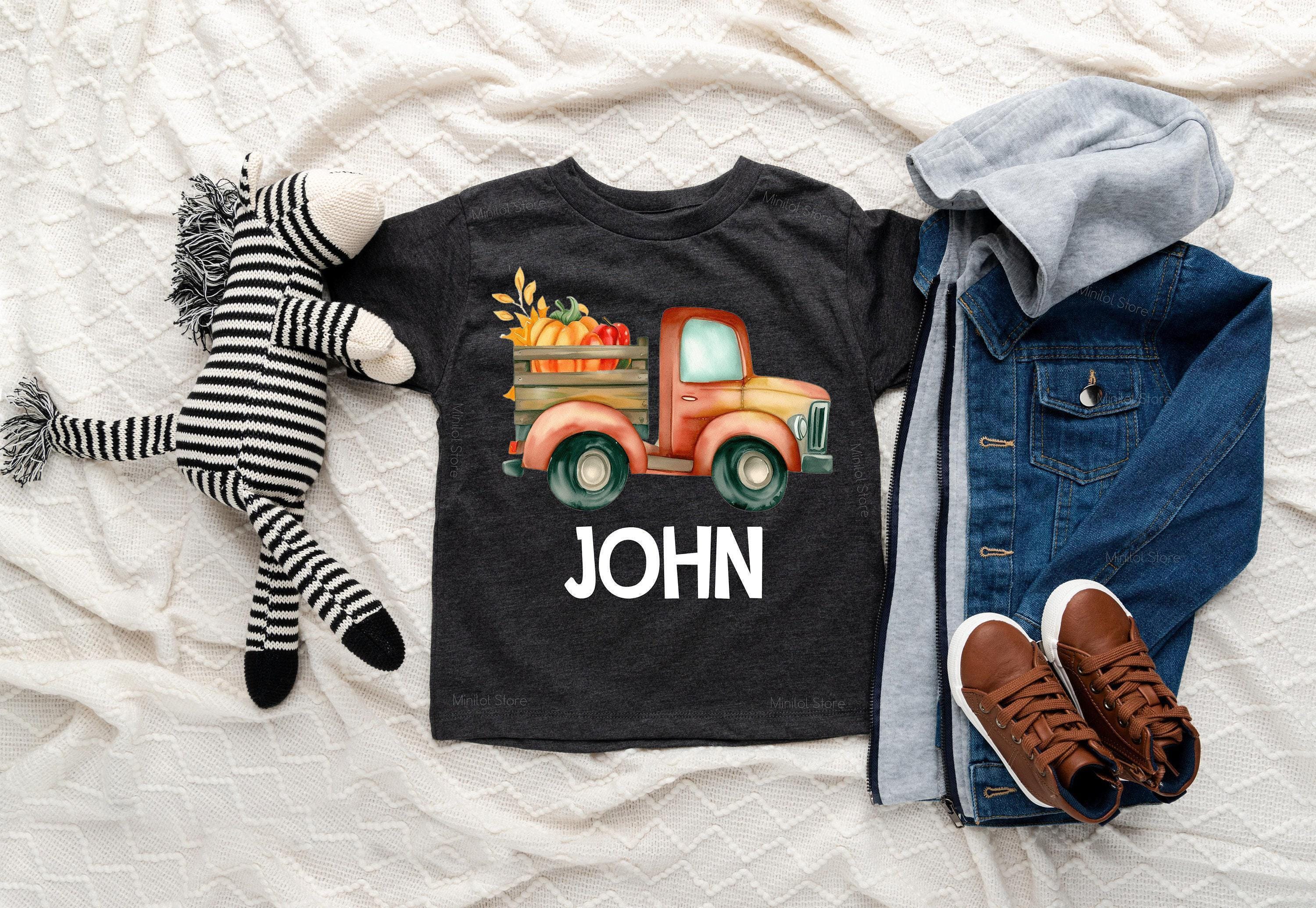 Baby bodysuit and kids shirt style options for Personalized Pumpkin Truck