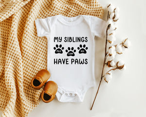 My Siblings Have Paws Pregnancy Announcement dog design on Baby Short Sleeve Onesie®