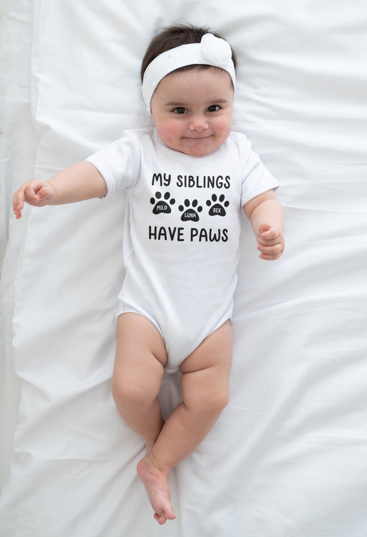My Siblings Have Paws Pregnancy Announcement dog design on Baby Short Sleeve Onesie®