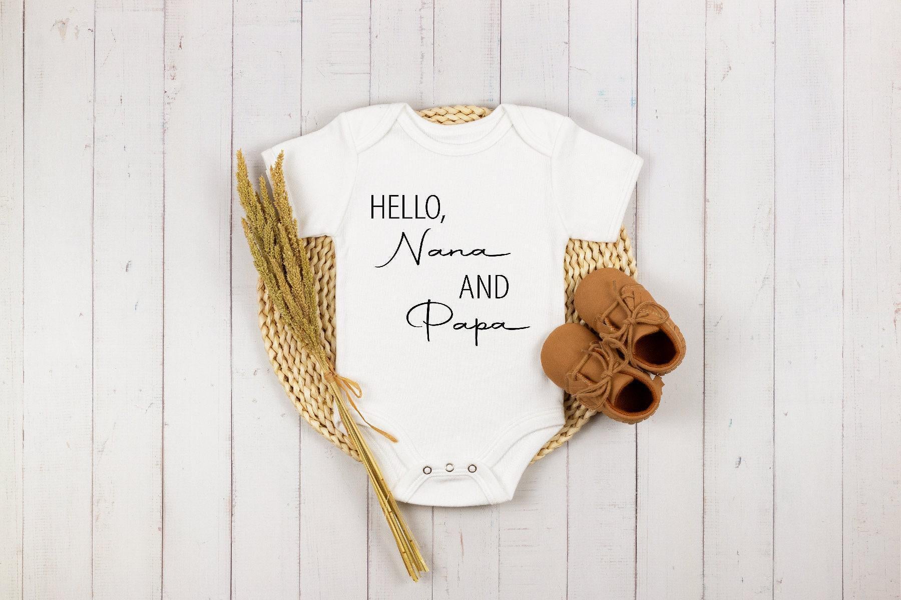 Close-up of the Hello Nana and Papa baby announcement design