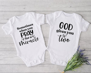 Miracle twins matching baby bodysuits with faith-inspired God gives you two quote — product image 3