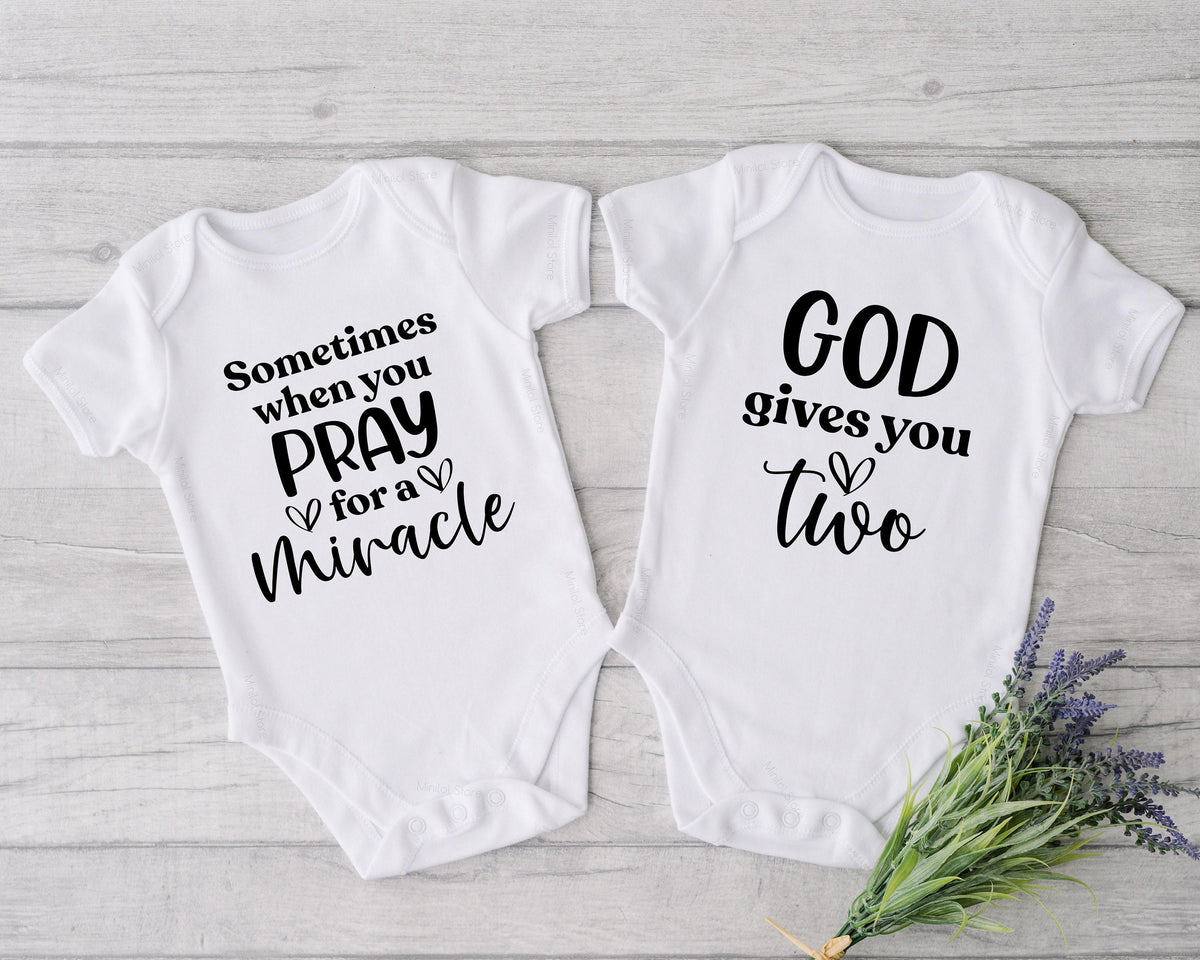 Miracle twins matching baby bodysuits with faith-inspired God gives you two quote — product image 3