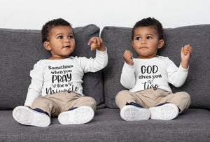 Miracle twins matching baby bodysuits with faith-inspired God gives you two quote — product image 7