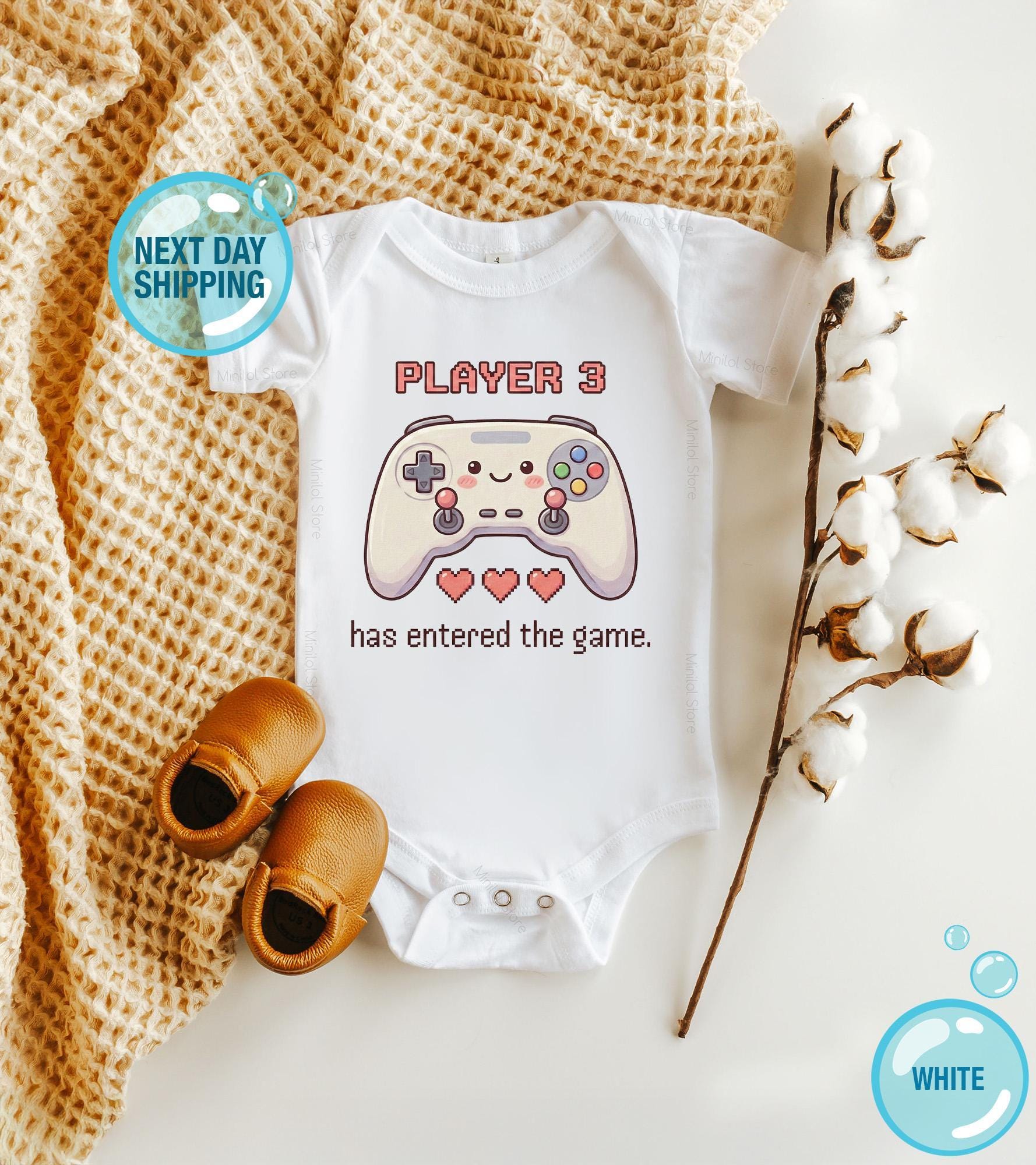 Main pregnancy announcement product mockup for Player 3 Has Entered the Game Gamer Pregnancy Announcement Baby Announcement