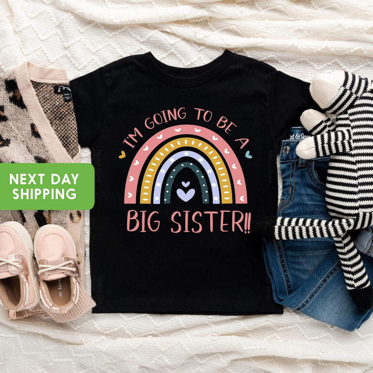 I'm Going to Be a Big Sister typographic design on Baby Short Sleeve Onesie®