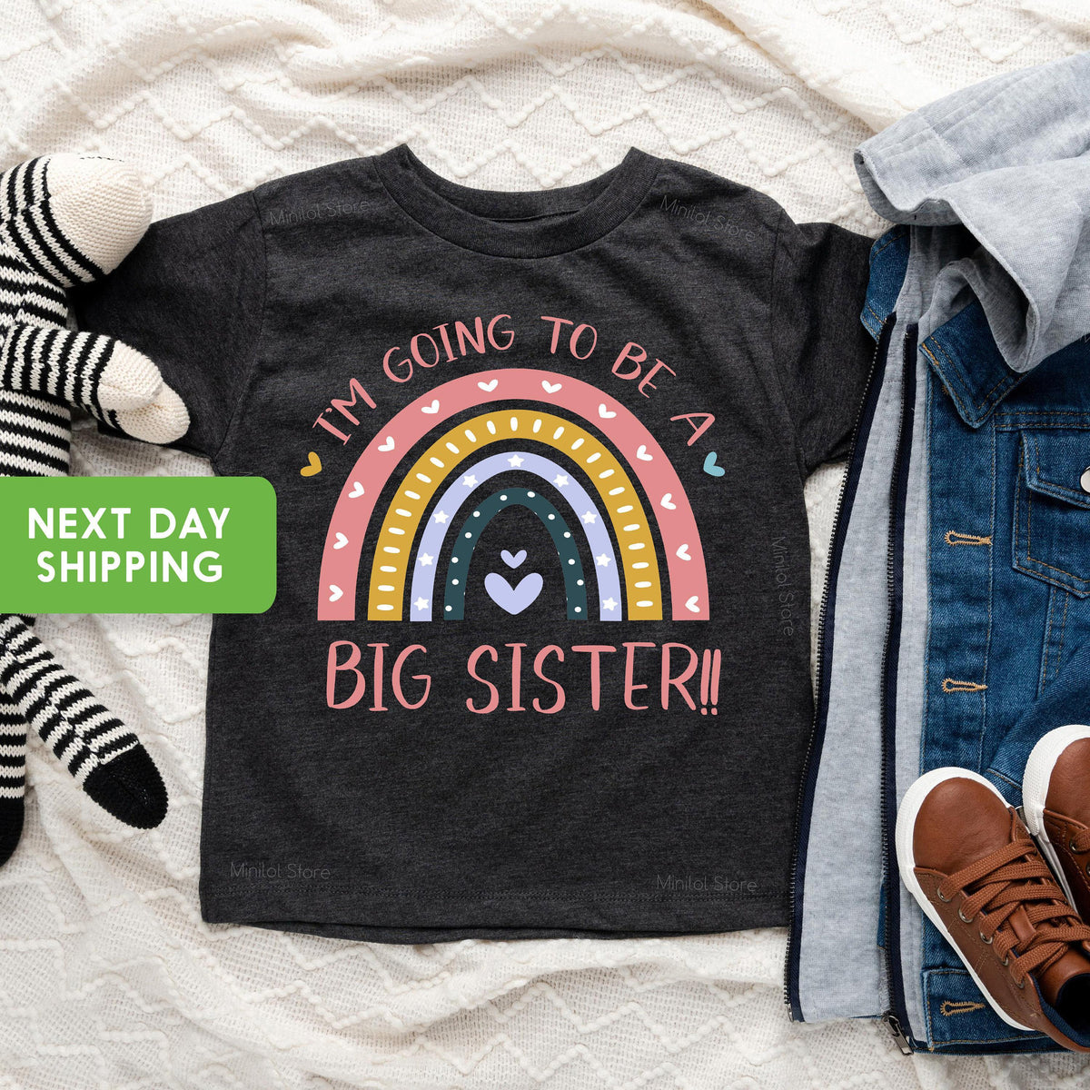 I'm Going to Be a Big Sister typographic design on Baby Short Sleeve Onesie®
