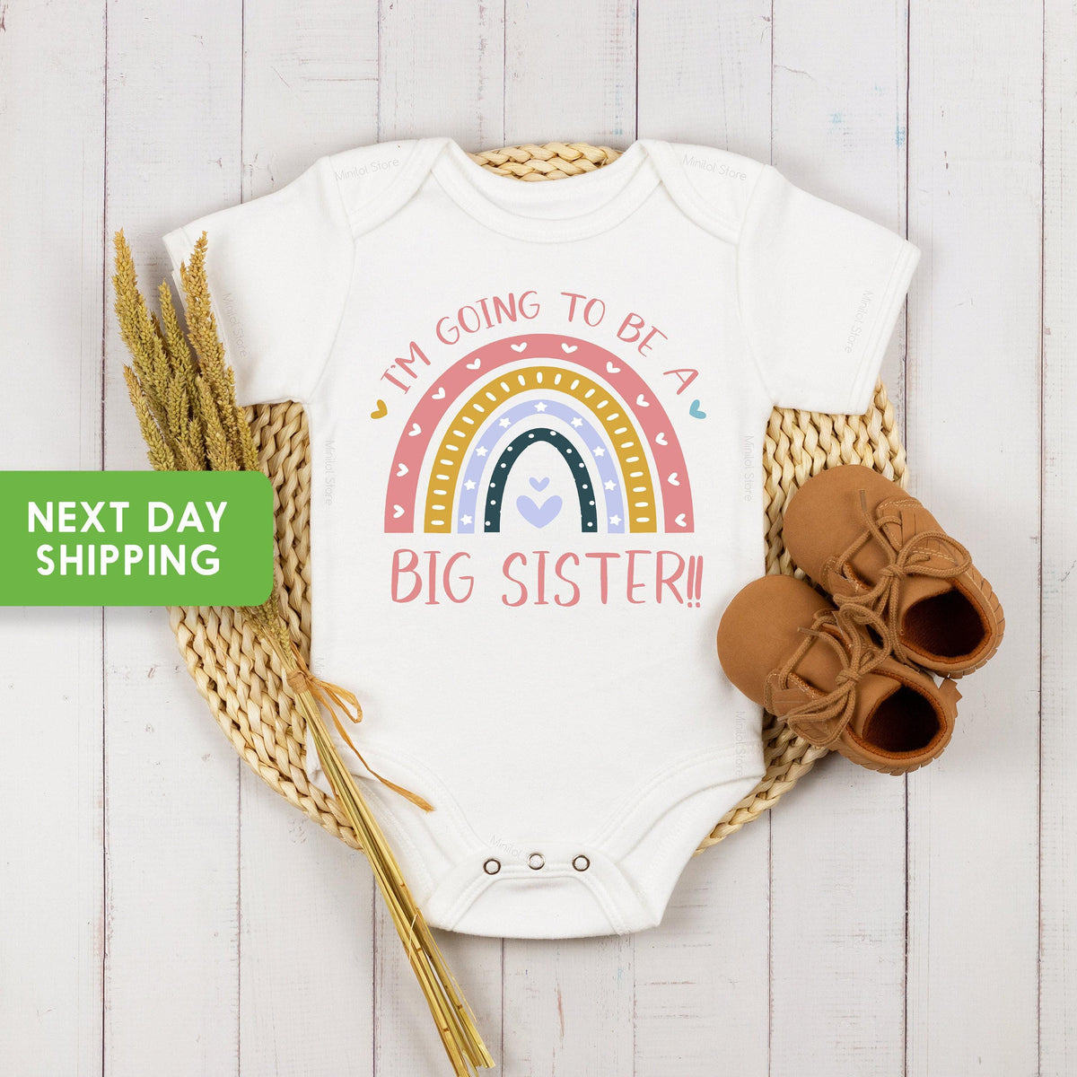 I'm Going to Be a Big Sister typographic design on Baby Short Sleeve Onesie®