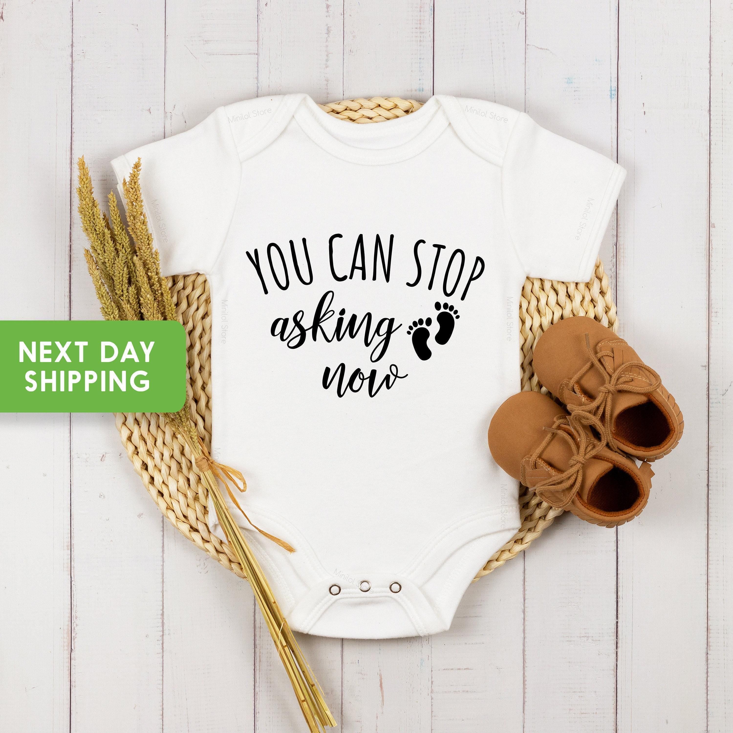 Main pregnancy announcement product mockup for You Can Stop Asking Now Grandparent Pregnancy Reveal Baby Announcement Onesie®