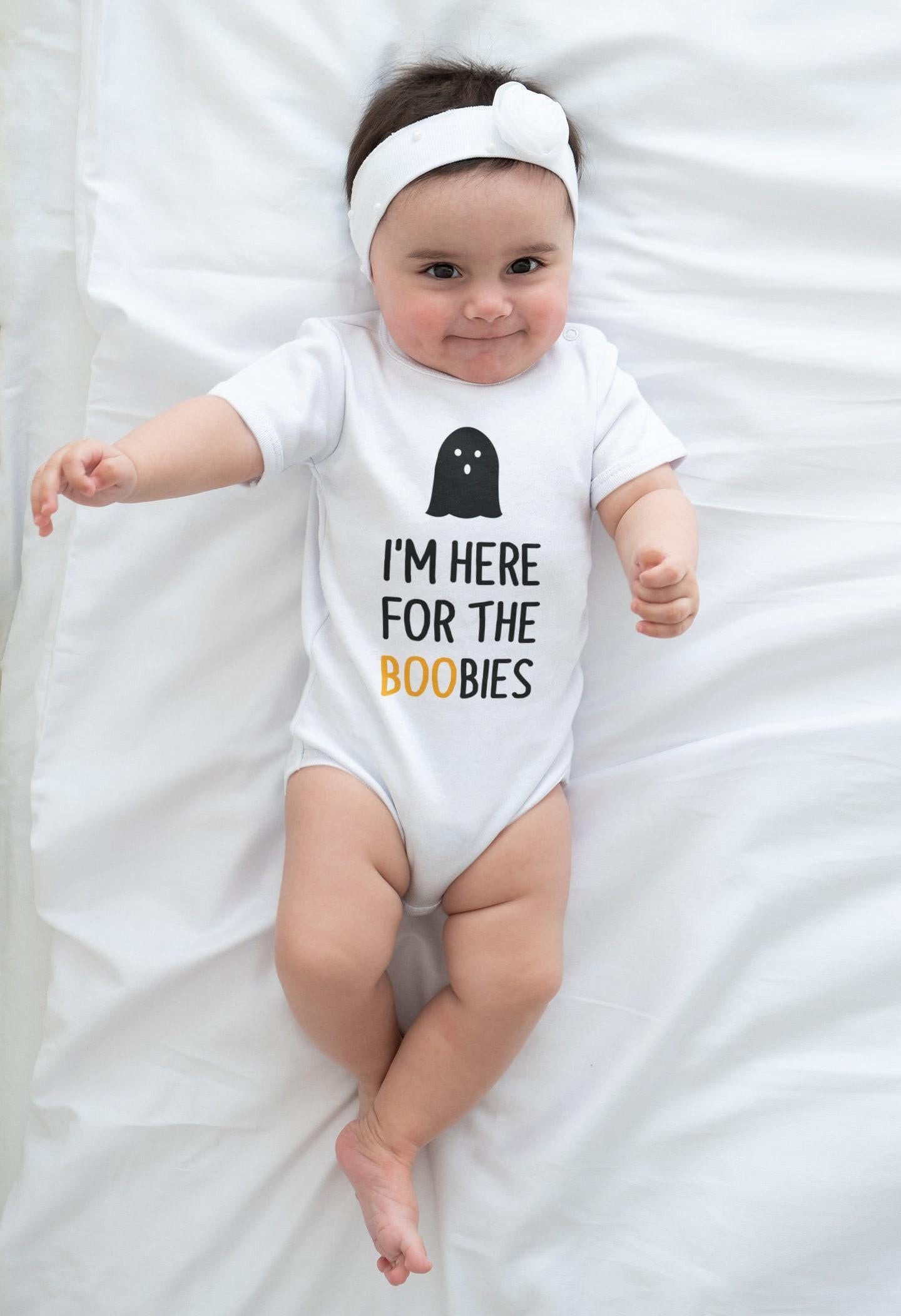 Baby bodysuit and kids shirt style options for Here for the Boo-bies