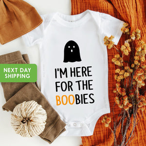 Main product mockup of I'm Here for the Boobies Halloween Baby Onesie®