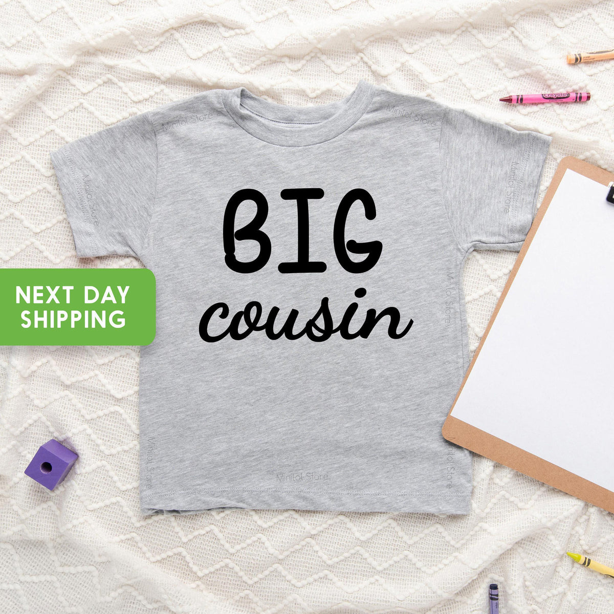 Pregnancy Announcement Cousin Reveal typographic design on Baby Short Sleeve Onesie®