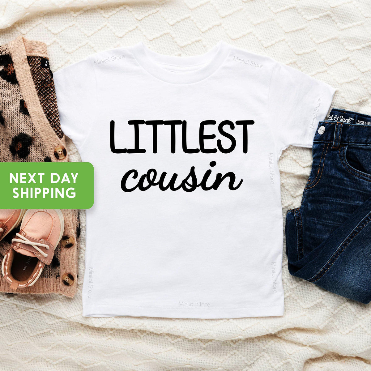 Pregnancy Announcement Cousin Reveal typographic design on Baby Short Sleeve Onesie®