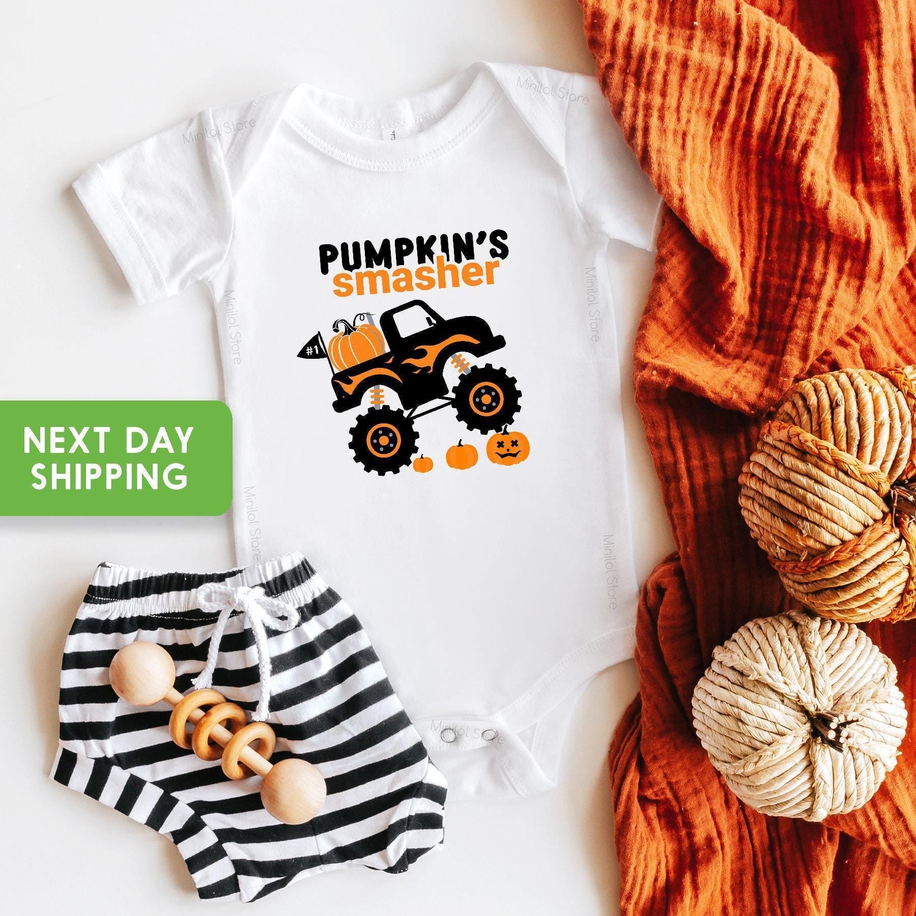 Main product mockup of Pumpkin Smasher Monster Truck Halloween Baby Onesie®