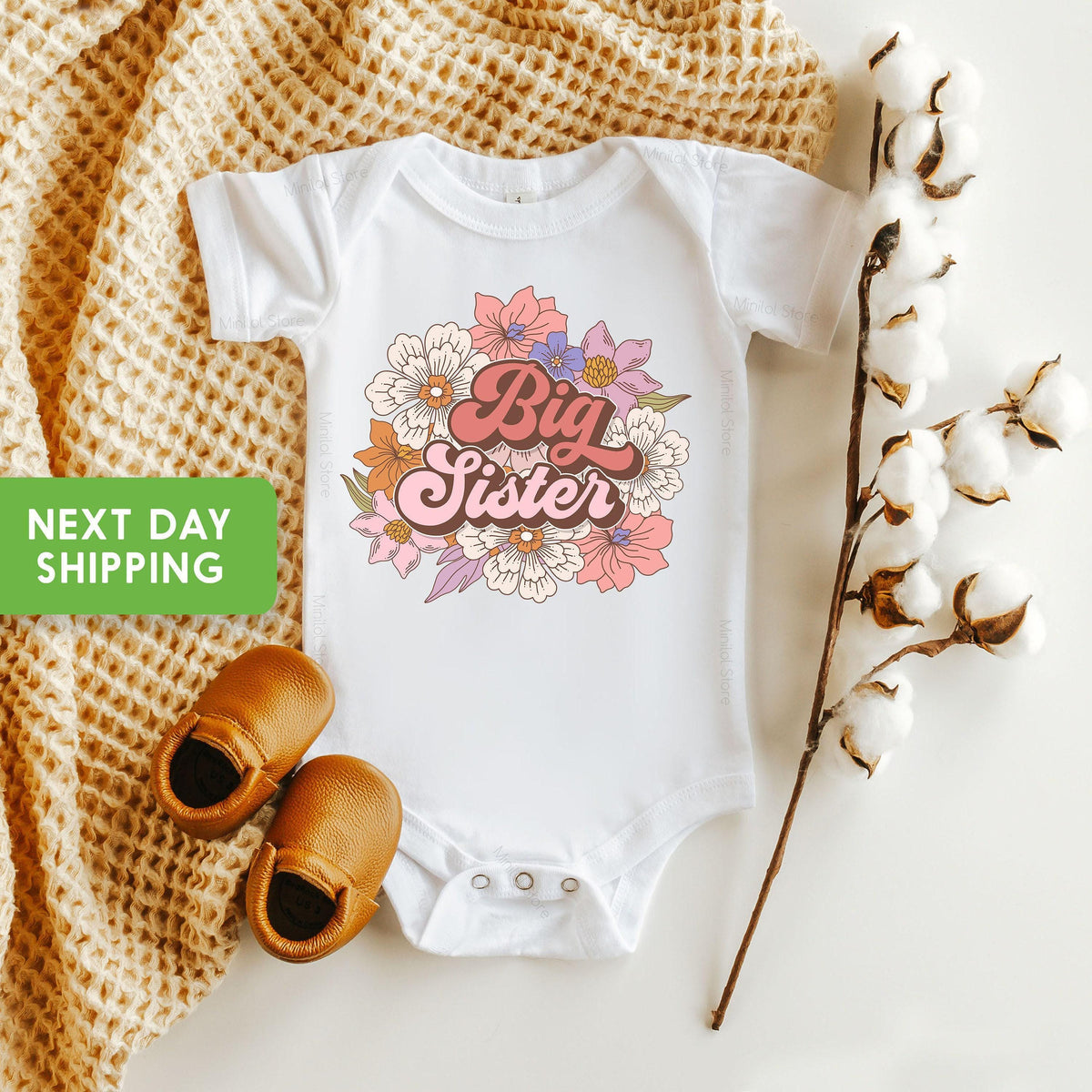Big Sis Sister Pregnancy Announcement typographic design on Baby Short Sleeve Onesie®