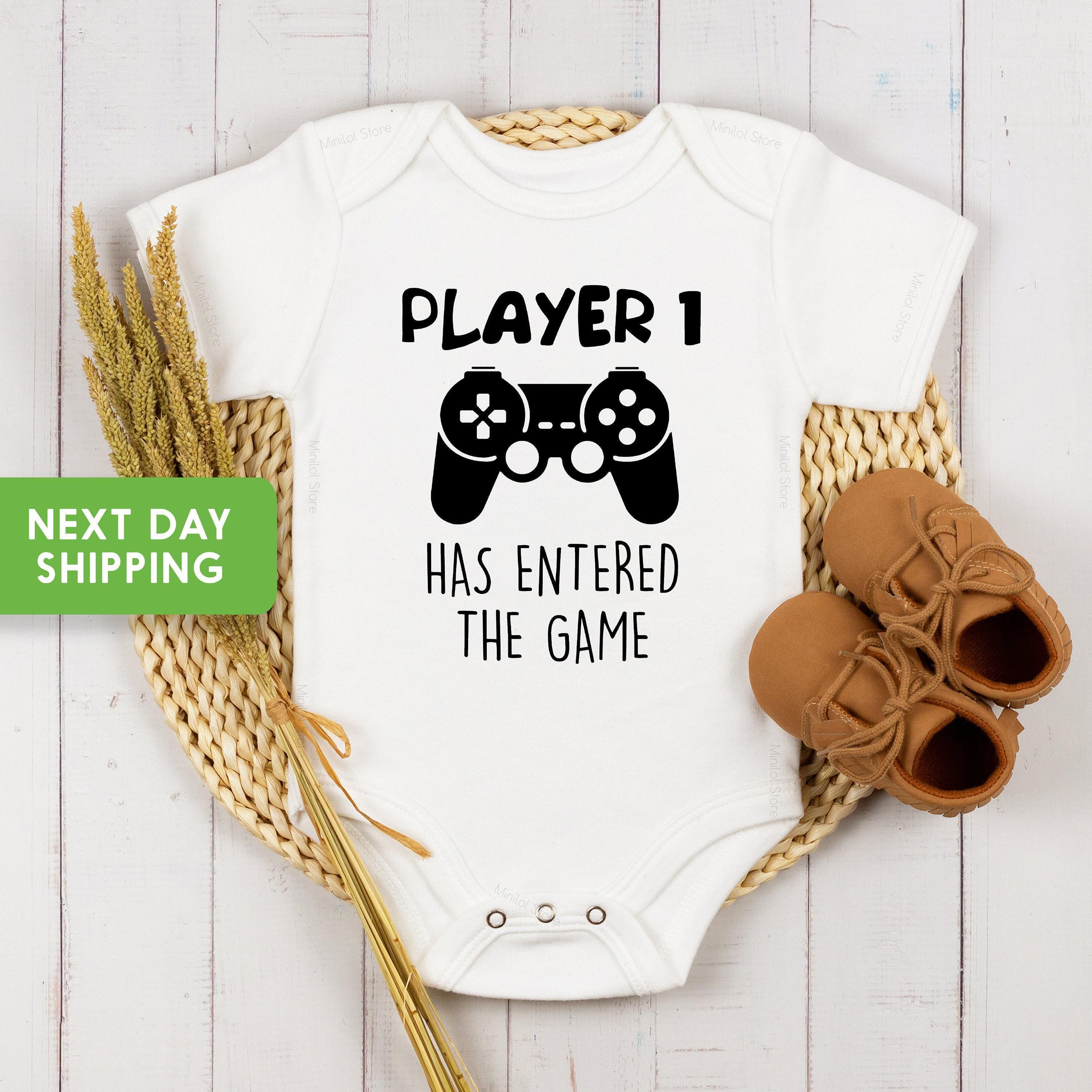 Main pregnancy announcement product mockup for Player 1 Has Entered the Game Gamer Pregnancy Announcement Baby Announcement