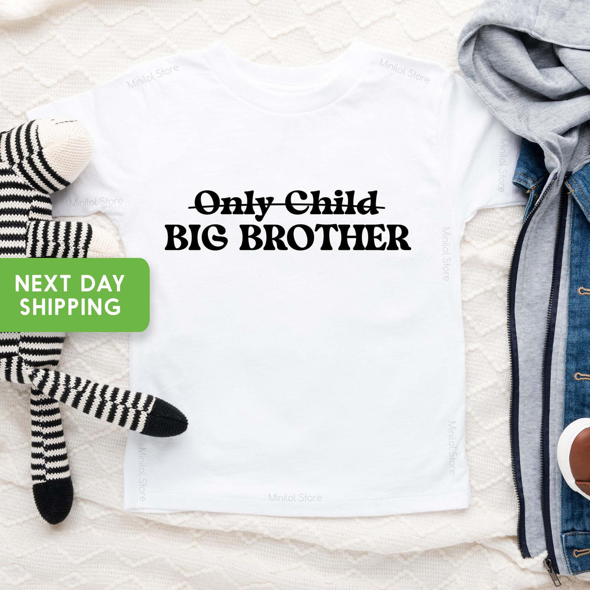 Only Child Promoted to Big Brother typographic design on Baby Short Sleeve Onesie®