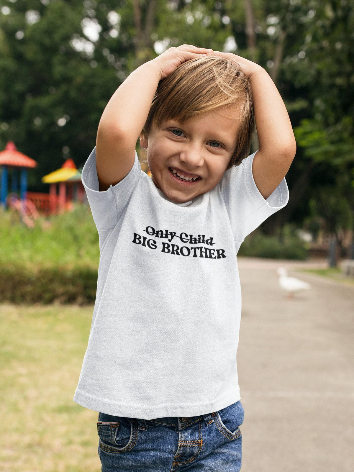 Only Child Promoted to Big Brother typographic design on Baby Short Sleeve Onesie®