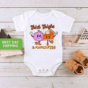 Main product mockup of Thick Thighs & Pumpkin Pies Thanksgiving Baby Onesie®