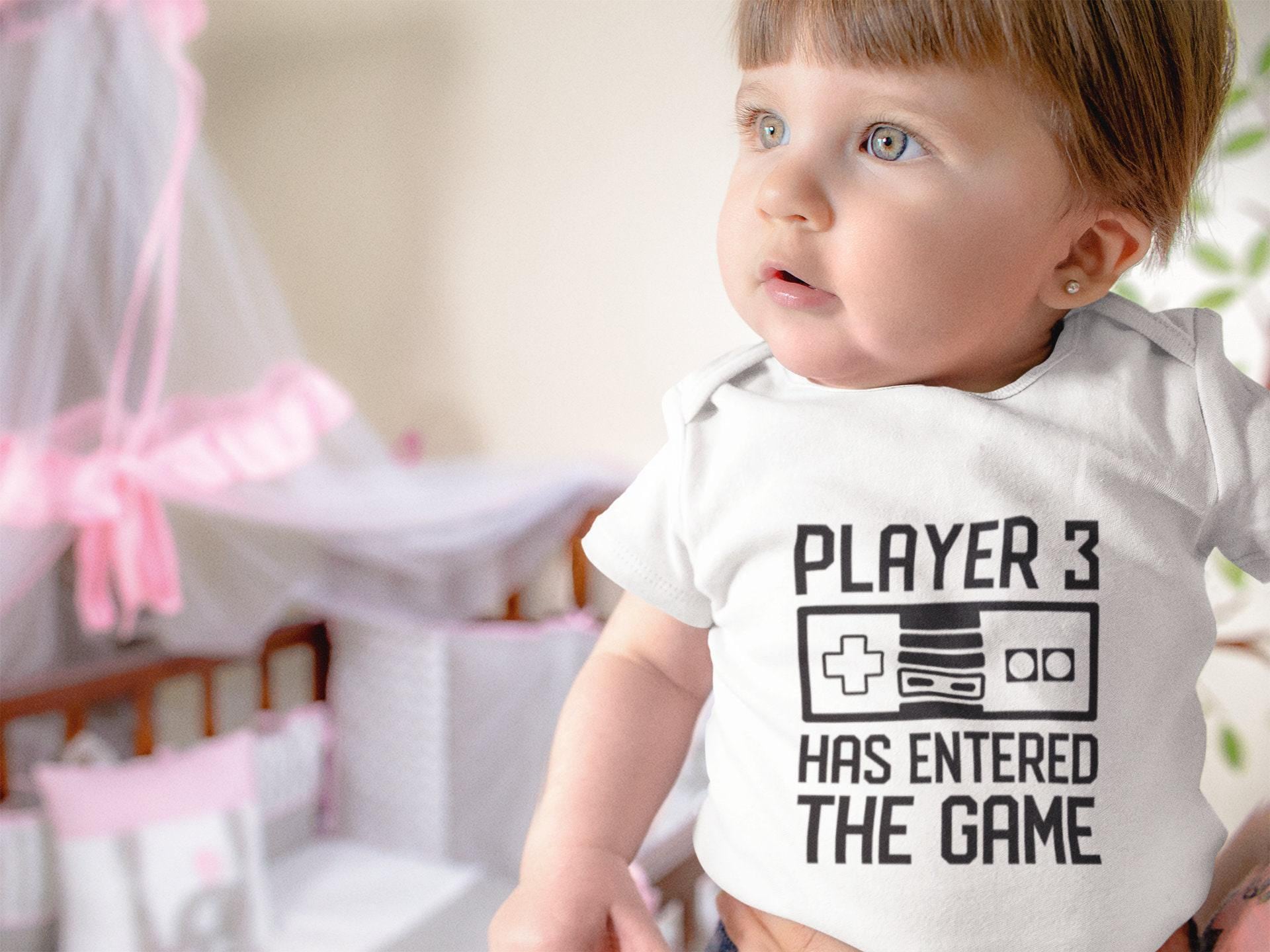 Player 3 Retro Game Controller game controller design on Baby Short Sleeve Onesie®