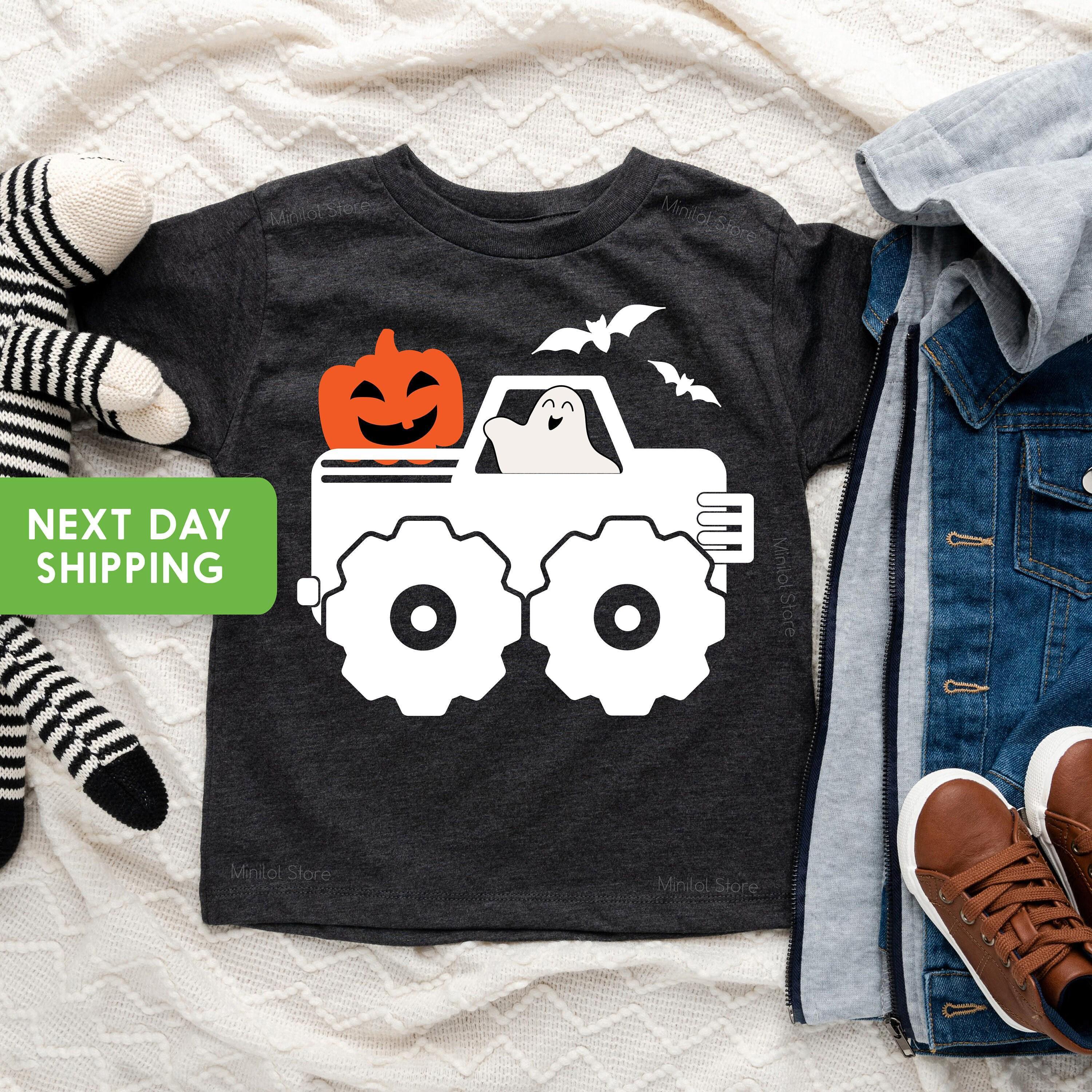 Lifestyle mockup featuring Halloween Monster Truck Kids Shirt