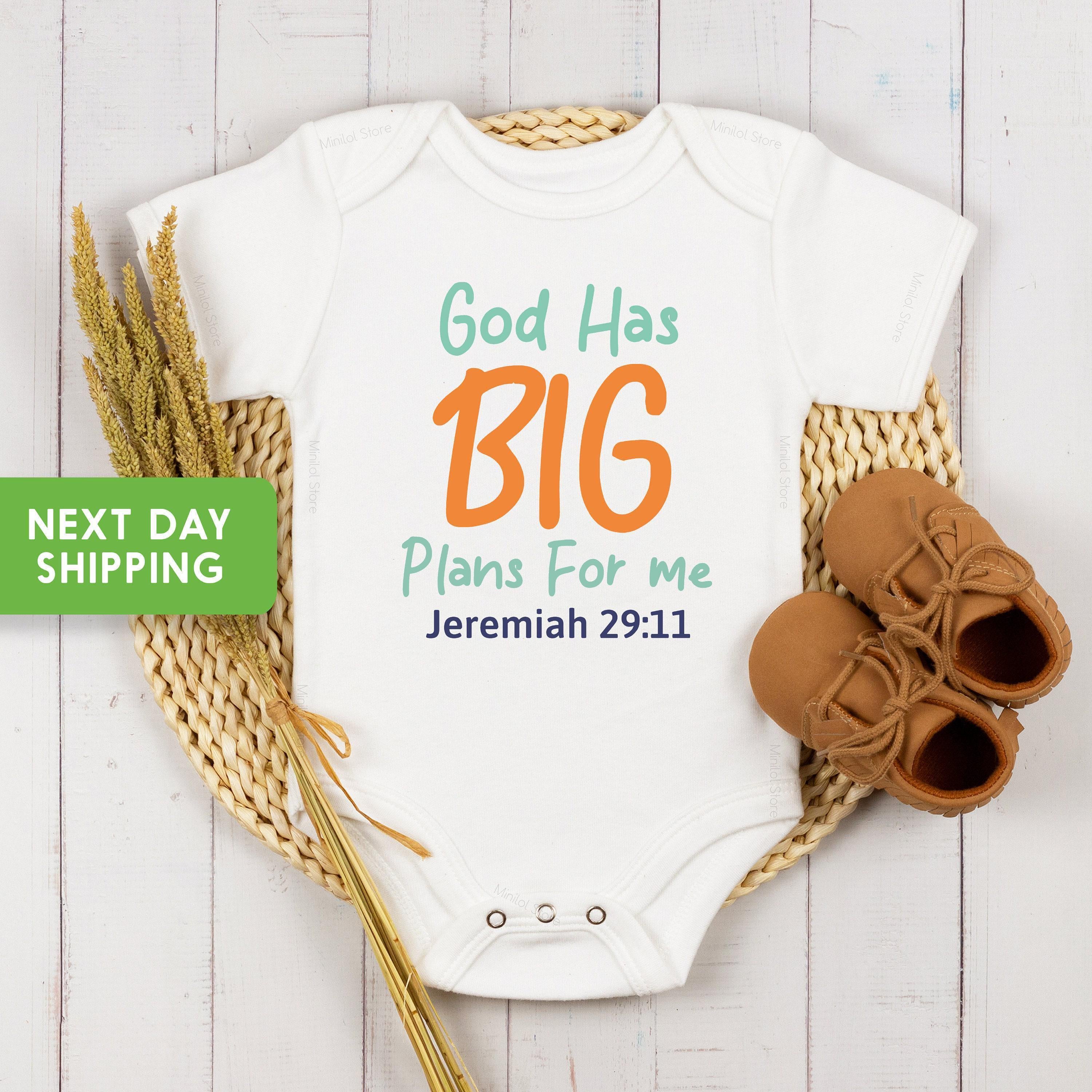 Main pregnancy announcement product mockup for God Has Big Plans For Me ® Pregnancy Announcement Baby Announcement Onesie®