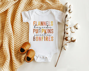Main product mockup of Pumpkins, Hayrides & Bonfires Fall Baby Onesie®