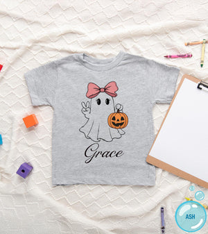 Lifestyle mockup featuring Personalized Ghost Name Halloween Kids Shirt