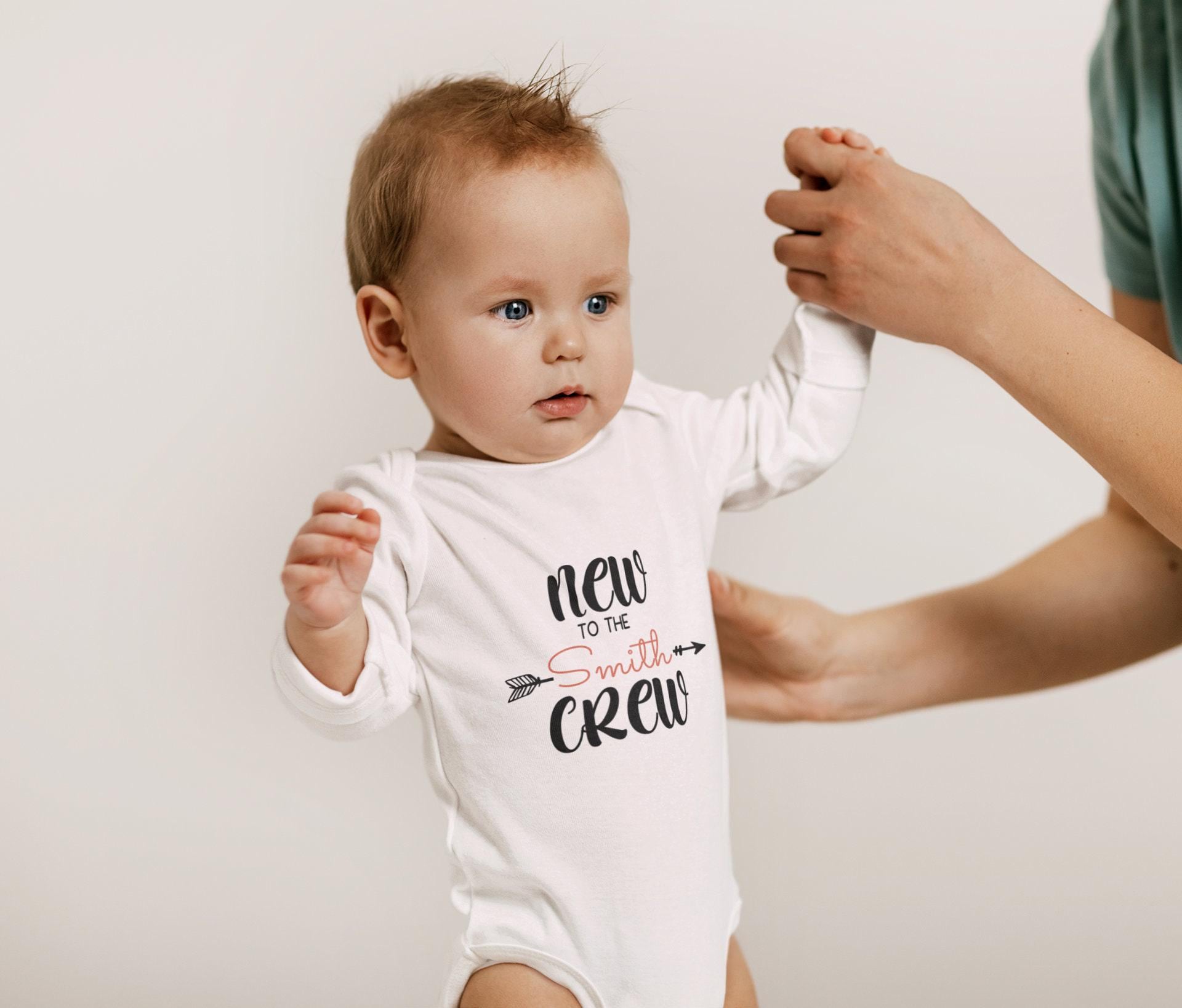 Main pregnancy announcement product mockup for New to the Crew Personalized Pregnancy Announcement Kids Reveal Shirt