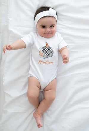 Baby bodysuit and kids shirt style options for Personalized Pumpkin