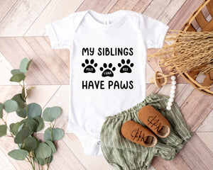 My Siblings Have Paws Pregnancy Announcement dog design on Baby Short Sleeve Onesie®