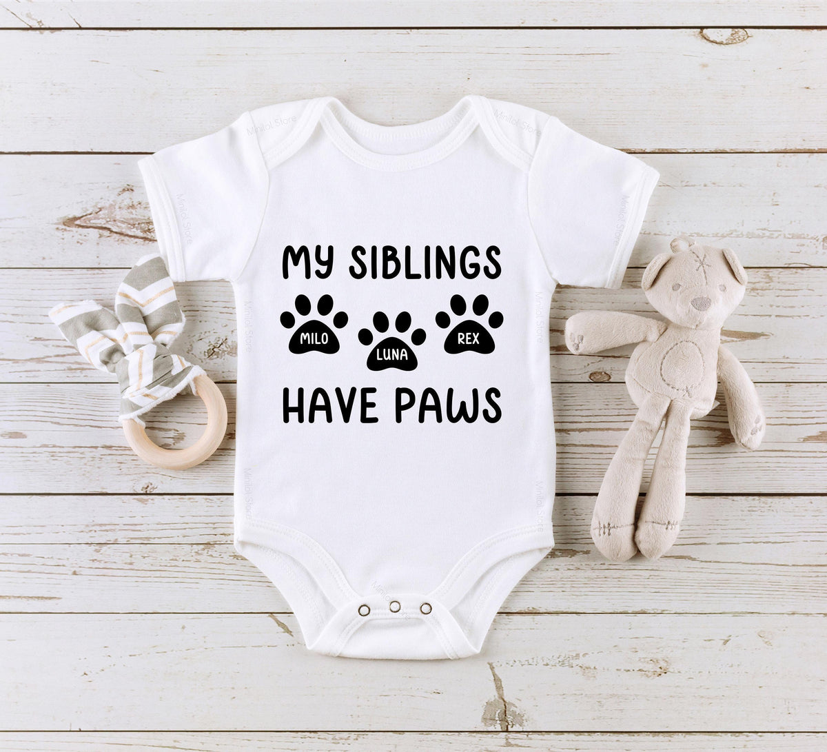 My Siblings Have Paws Pregnancy Announcement dog design on Baby Short Sleeve Onesie®