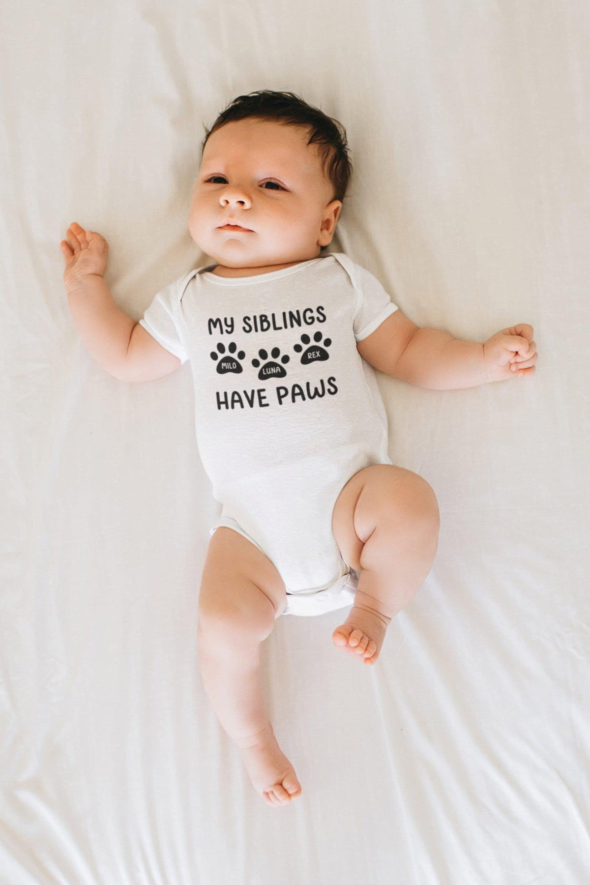My Siblings Have Paws Pregnancy Announcement dog design on Baby Short Sleeve Onesie®