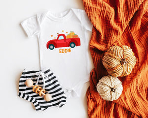 Close-up of the Personalized Fall Red Truck fall apparel design