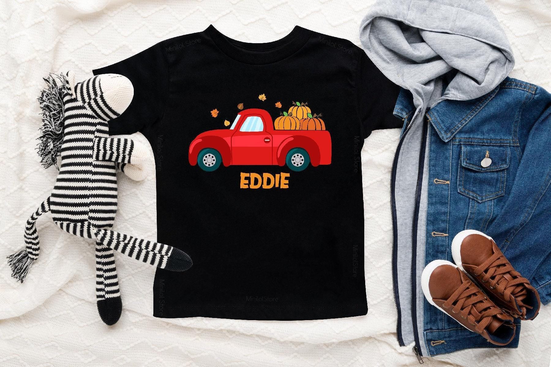 Baby bodysuit and kids shirt style options for Personalized Fall Red Truck