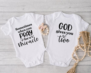 Miracle twins matching baby bodysuits with faith-inspired God gives you two quote — product image 4