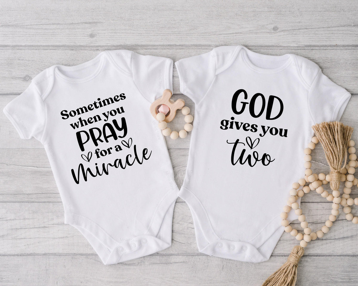Miracle twins matching baby bodysuits with faith-inspired God gives you two quote — product image 4