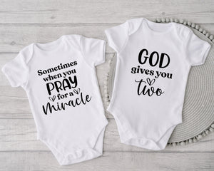 Miracle twins matching baby bodysuits with faith-inspired God gives you two quote — product image 5